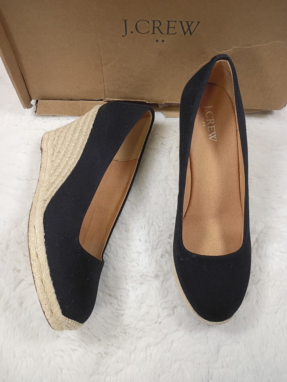 J. Crew Black Espadrille Wedge Pumps with Natural Jute Platform Size 8